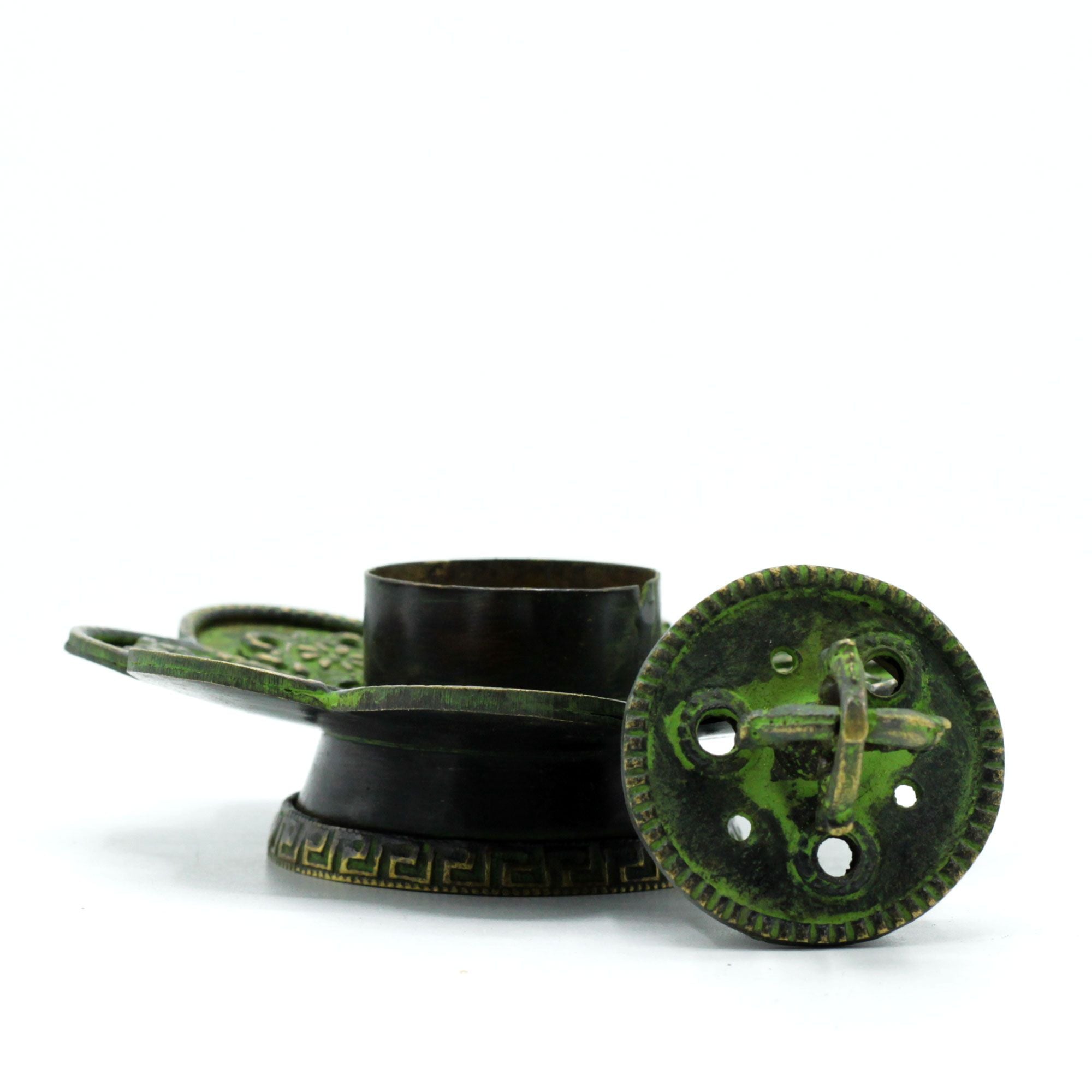 Brass Verdigris Tibetan Cone Incense Holder with Eight Symbols