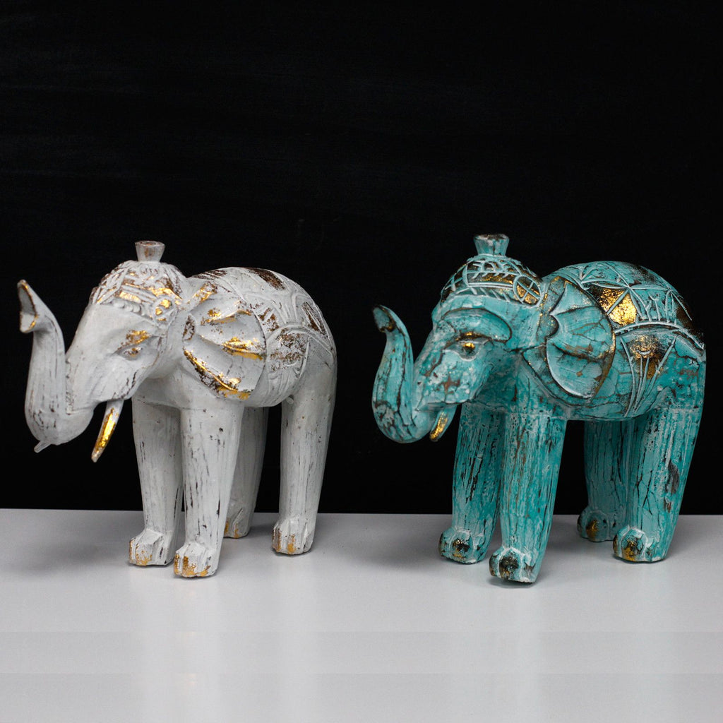 Wood Carved Elephant Decorative Figure in Turquoise and Gold