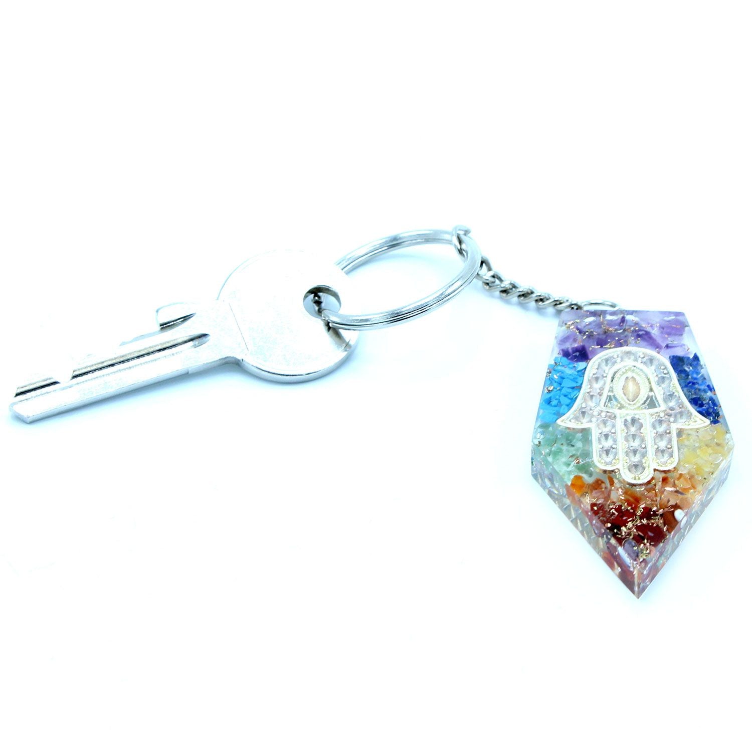 Orgonite Power Keyring with Gemstone Chakra Hamsa Design