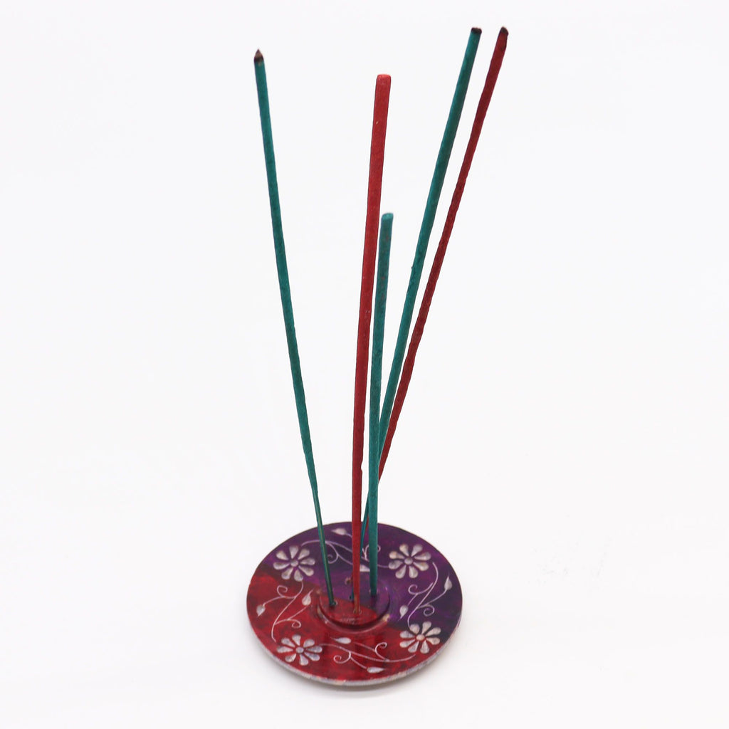 Soapstone Disc Incense Holder with Floral Design for Five Sticks
