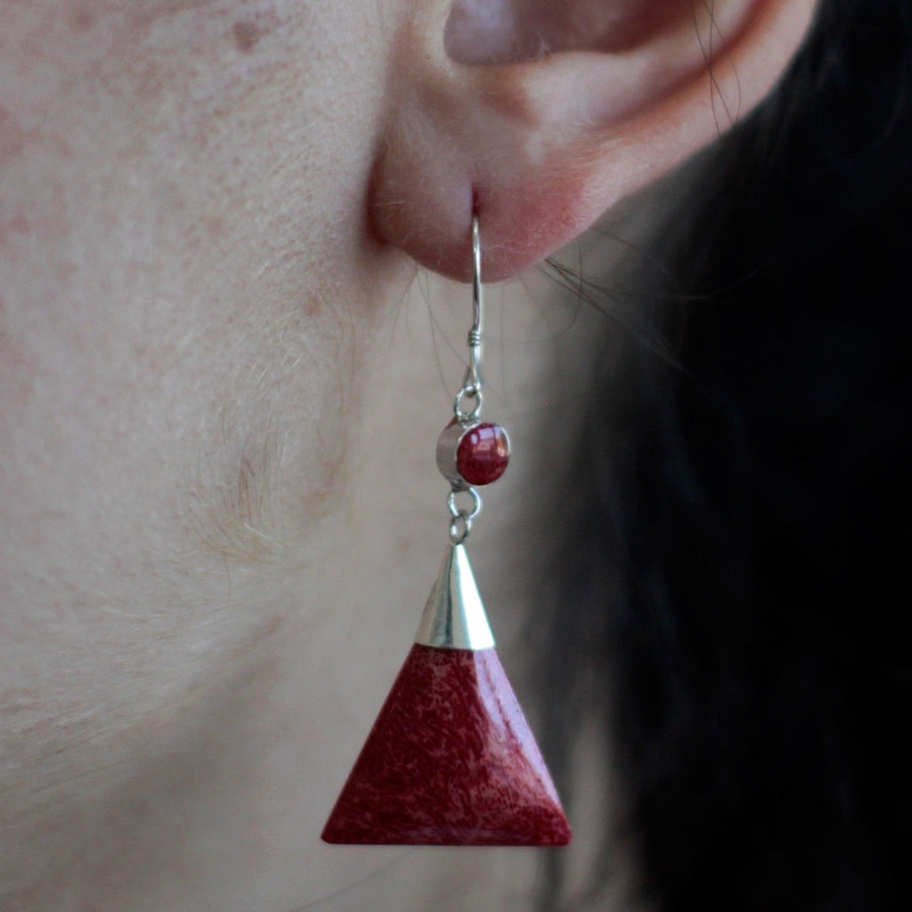 925 Silver Triangle Double Drop Earrings with Shimmering Finish