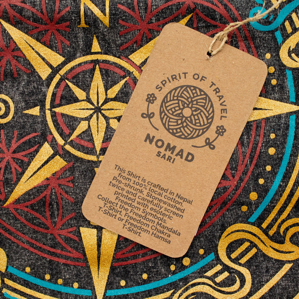 Nomad Sari Stonewashed Cotton T Shirt with Compass Design Charcoal