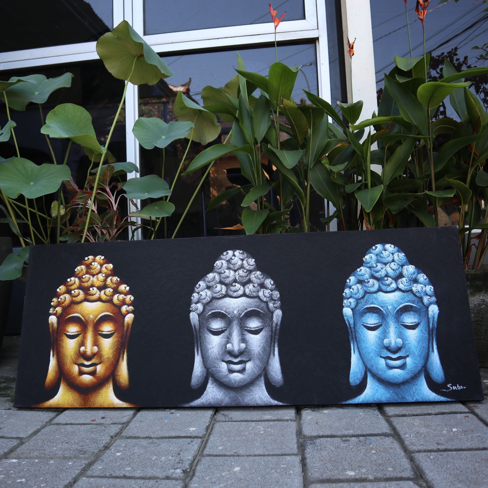 Buddha Painting Three Heads Black for Elegant Home and Office Décor