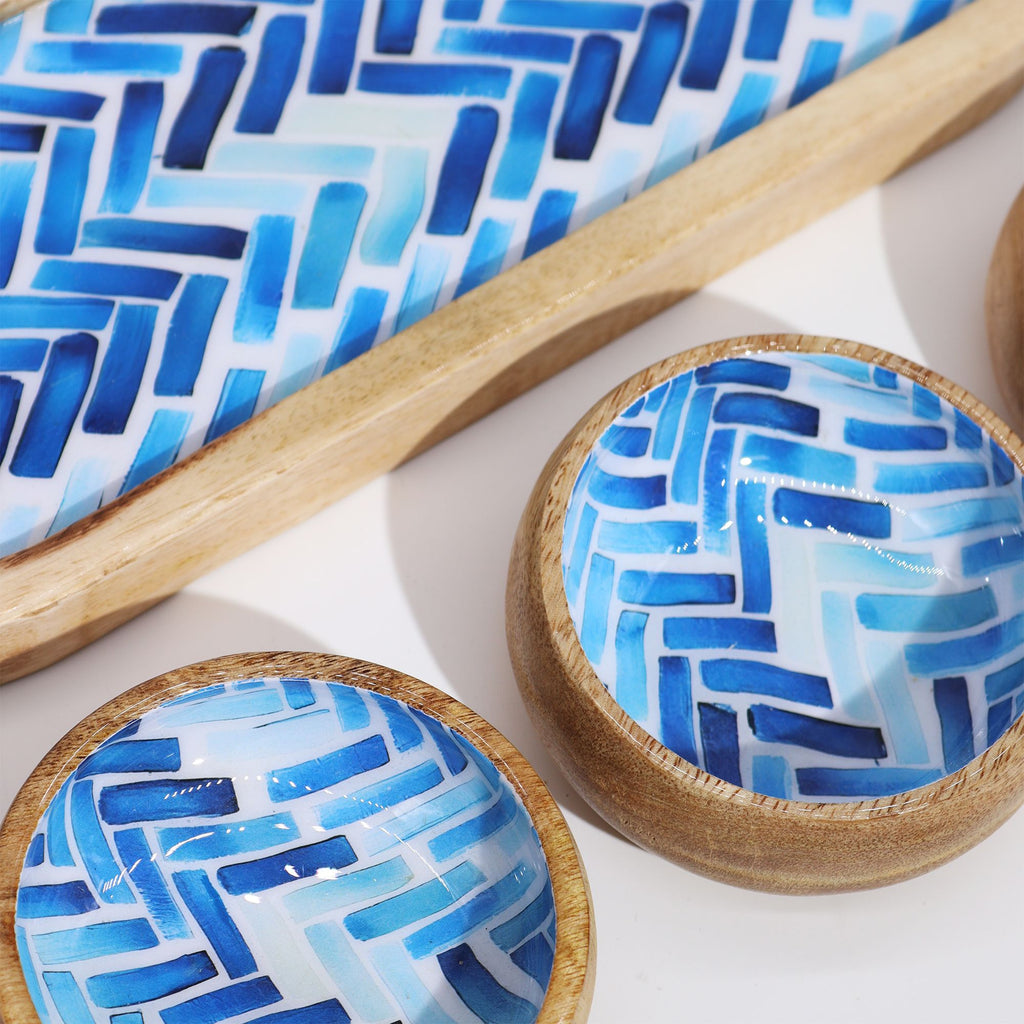 Mango Wood Tray with 3 Bowls in Blue Stripes for Home Decor