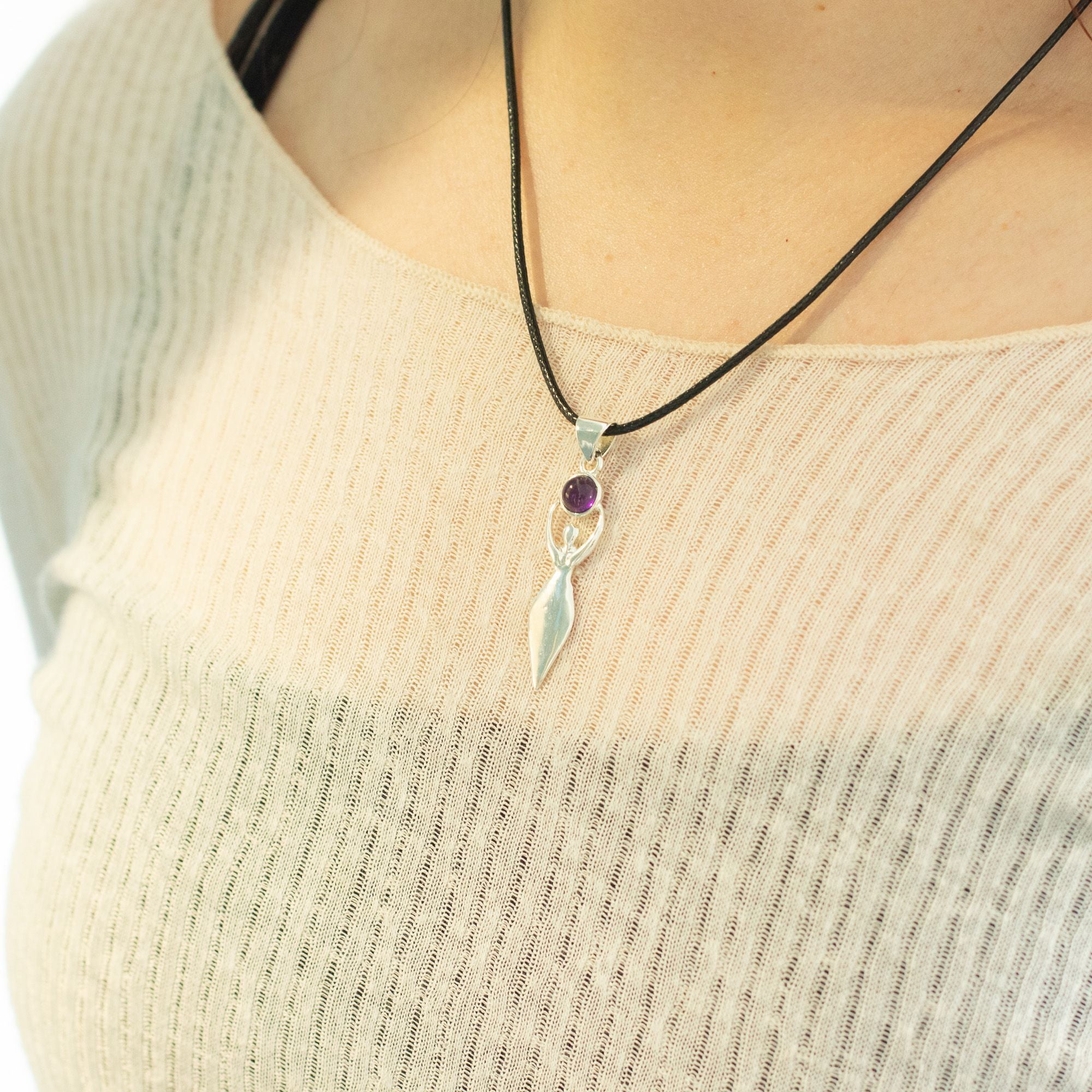 Indian Devotional Pendant Silver Plated with Goddess Amethyst Stone