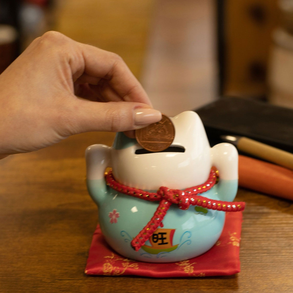 Japanese Lucky Cat Ceramic Money Box on Cushion – Blue