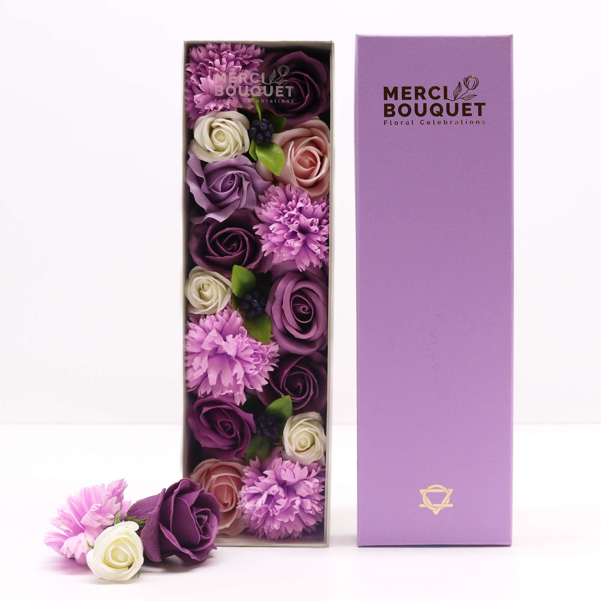 Long Box of Lavender Rose and Carnation Soap Flower Gift Set
