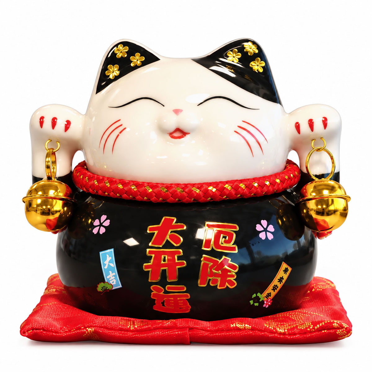 Japanese Lucky Cat Ceramic Money Box on Cushion – Black