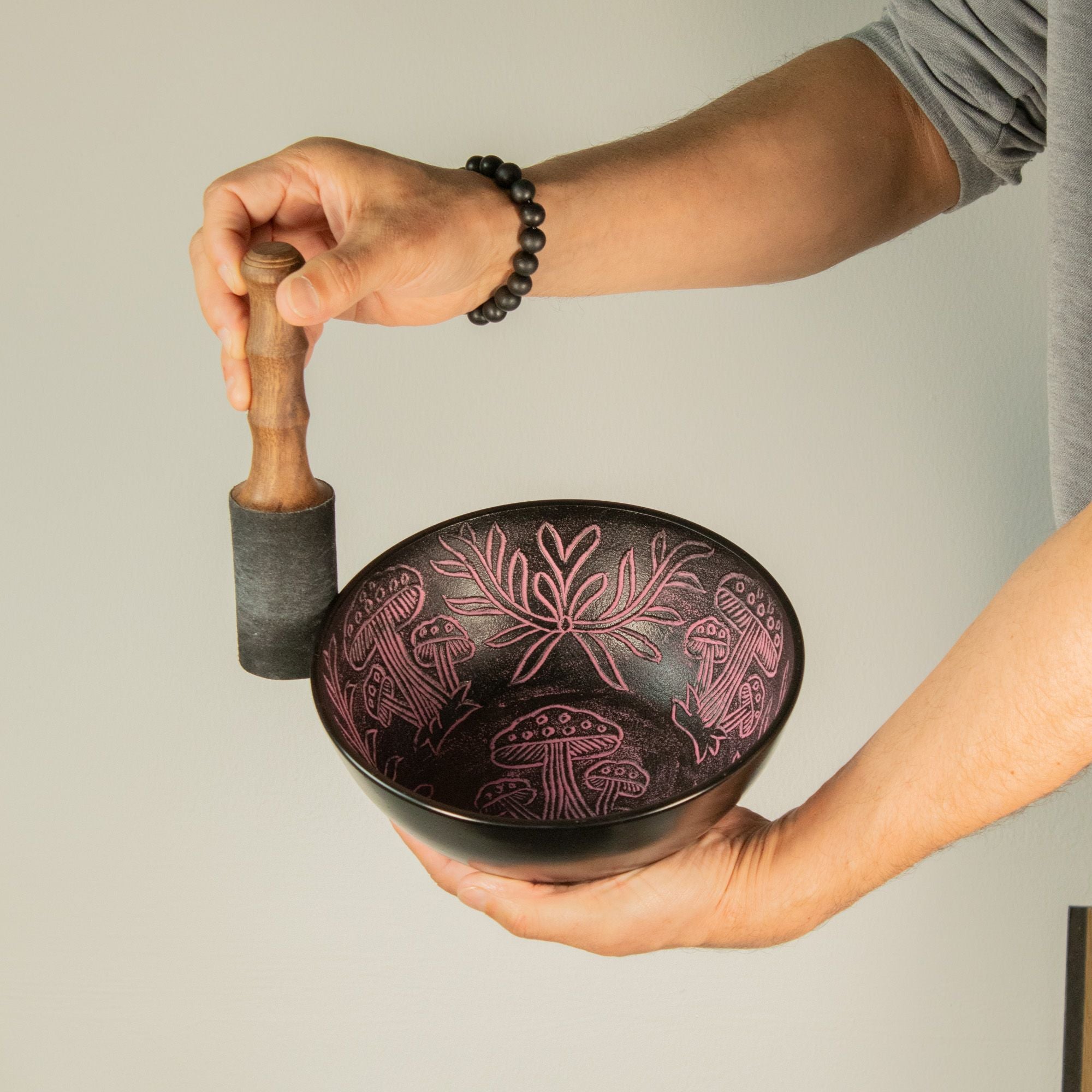 Magic Mushroom Pink Aluminum Singing Bowl with Botanical Engravings
