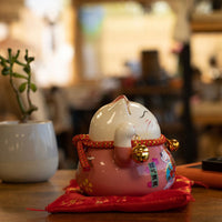 Japanese Lucky Cat Ceramic Waving Ornament on Cushion – Pink