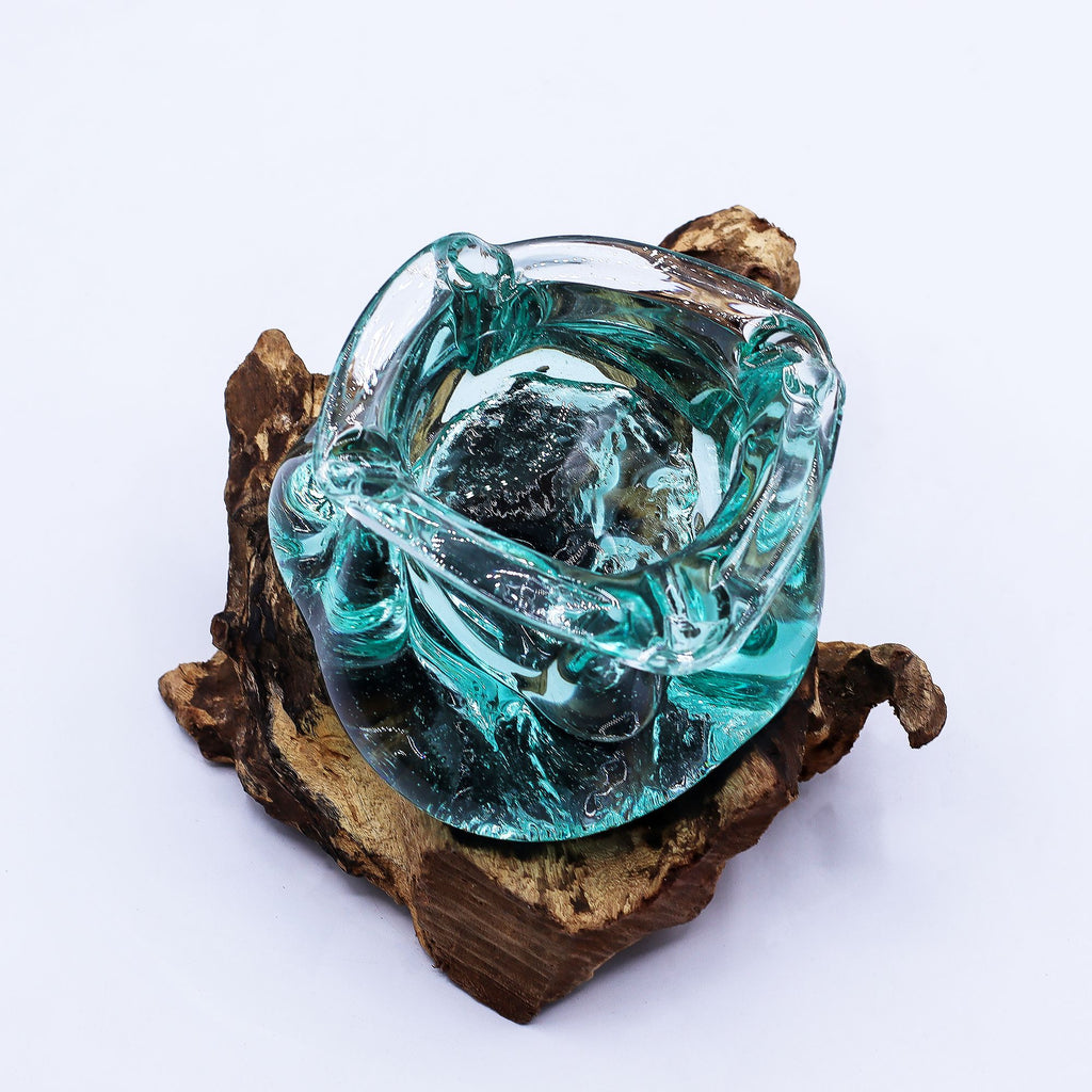 Molten Glass Chunky Ashtray and Candle Holder on Wood Base 23cm