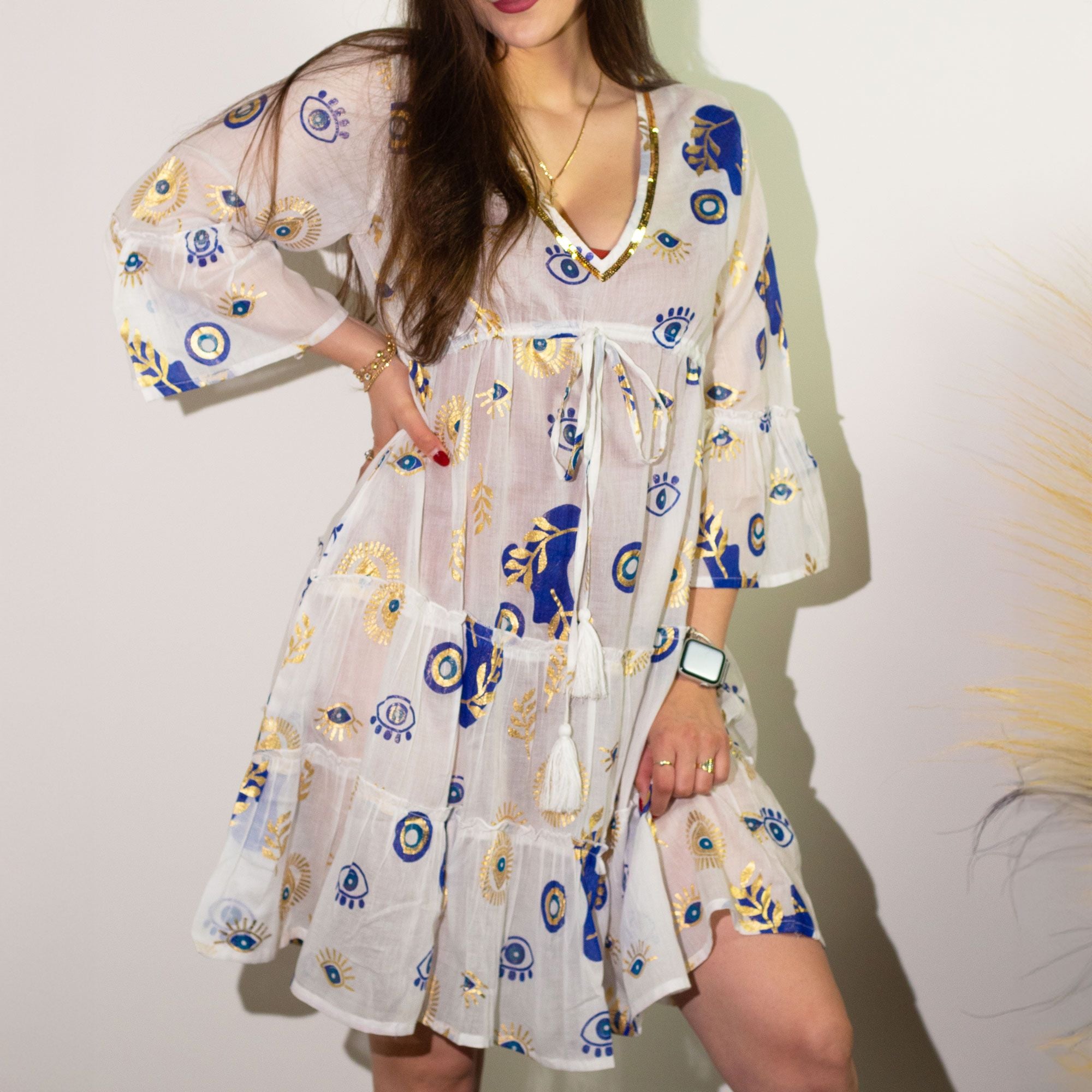 Nomad Sari Evil Eye Dress in White Blue and Gold Size M/L