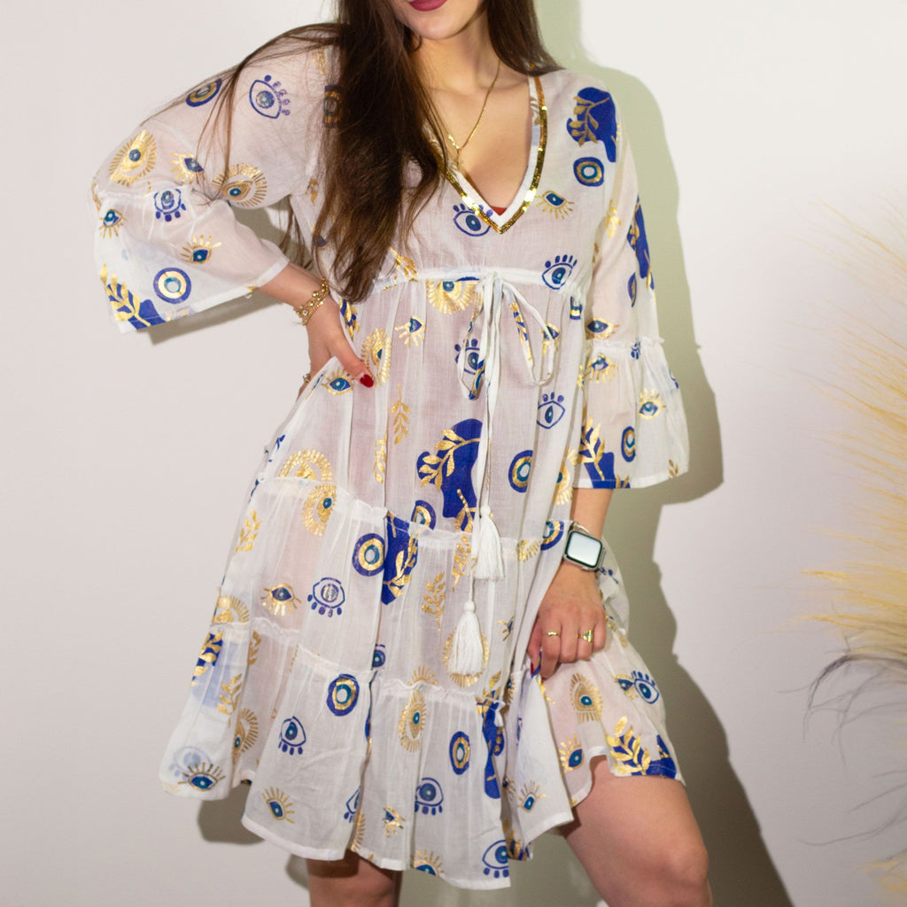 Nomad Sari Evil Eye Dress in White Blue and Gold Size L/XL