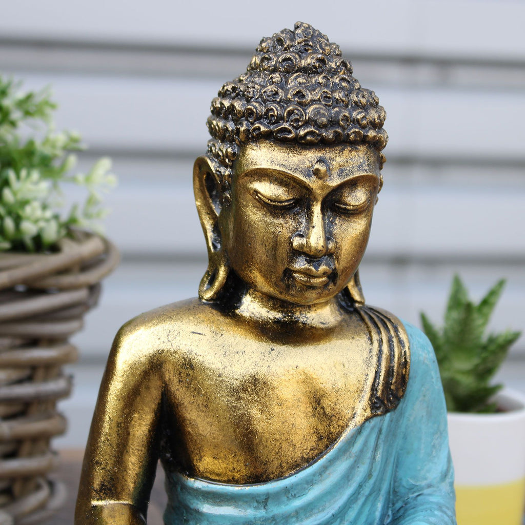 Large Teal and Gold Buddha Statue with Hand Painted Design Art