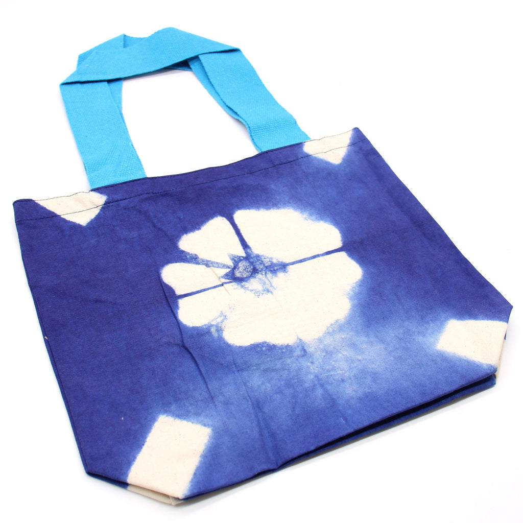 Natural Tye Dye Cotton Bag with Blue Flower Design and Handle