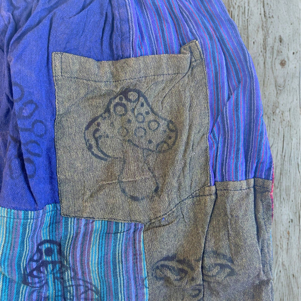 Nomad Sari Mushroom Pants with Block Print Designs in Purple Tones