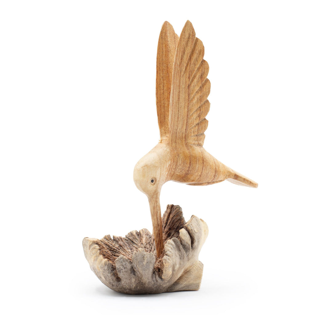 Handmade Parasite Wood Art Carving of Hummingbird Drinking Nectar