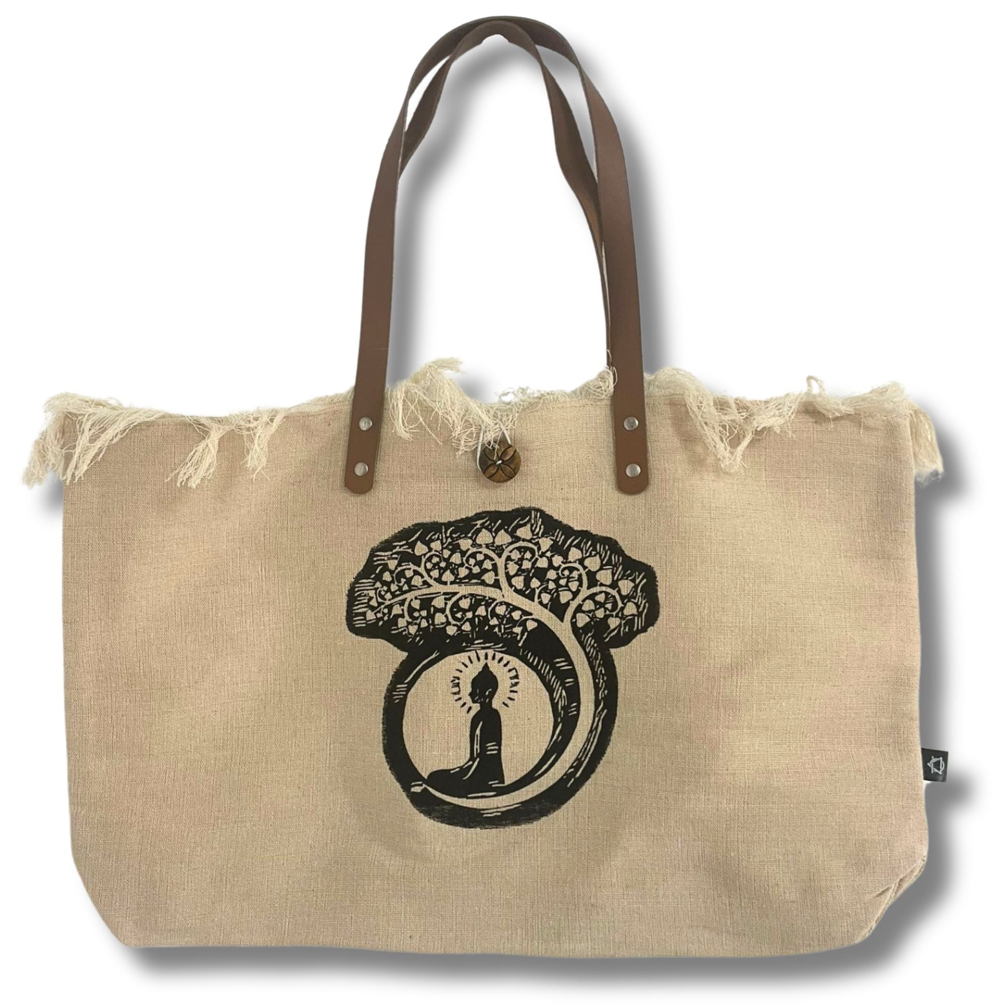 Natural Tote Bag with Leather Handle and Buddha Design