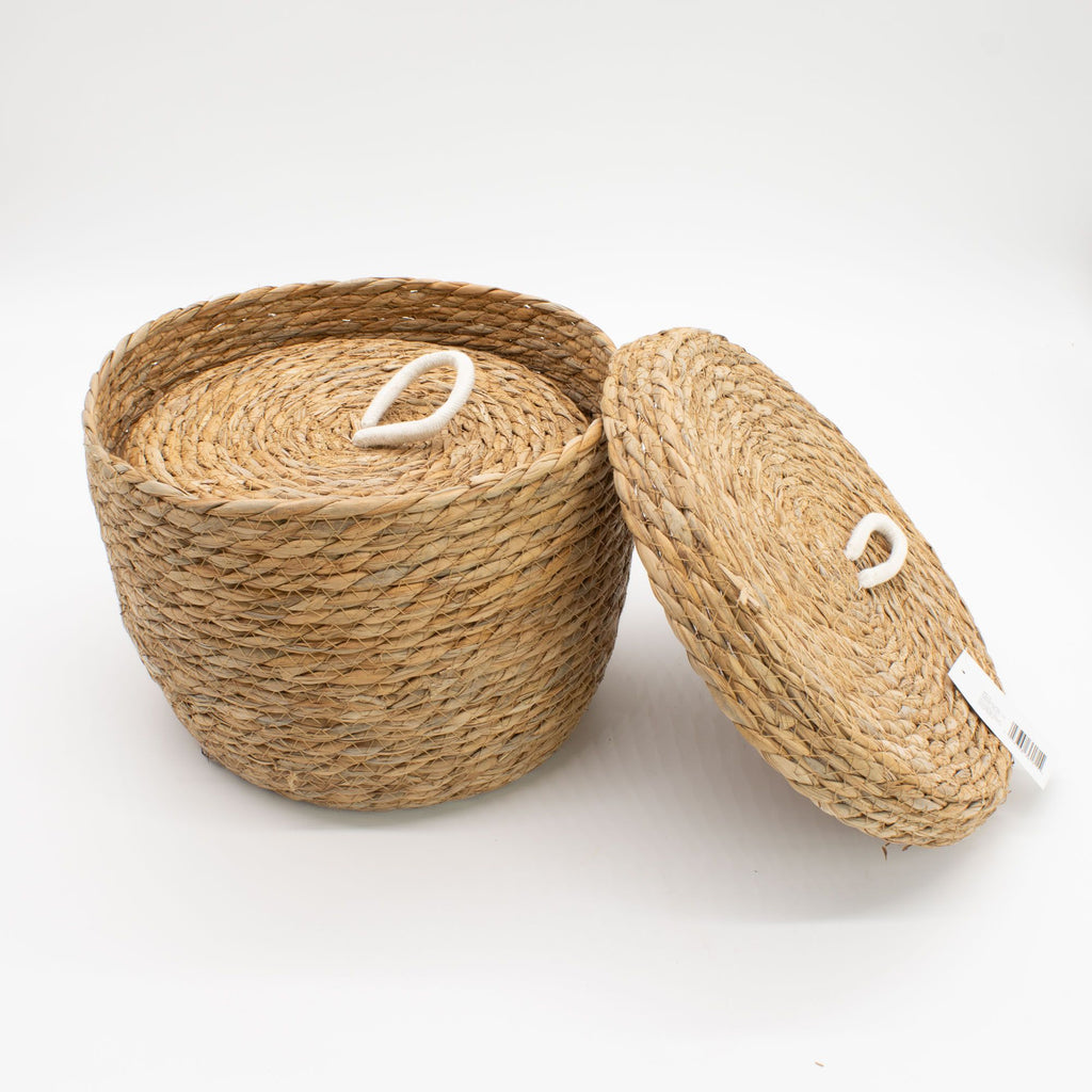 Natural Seagrass and Cotton Round Baskets with Lids Set of 3
