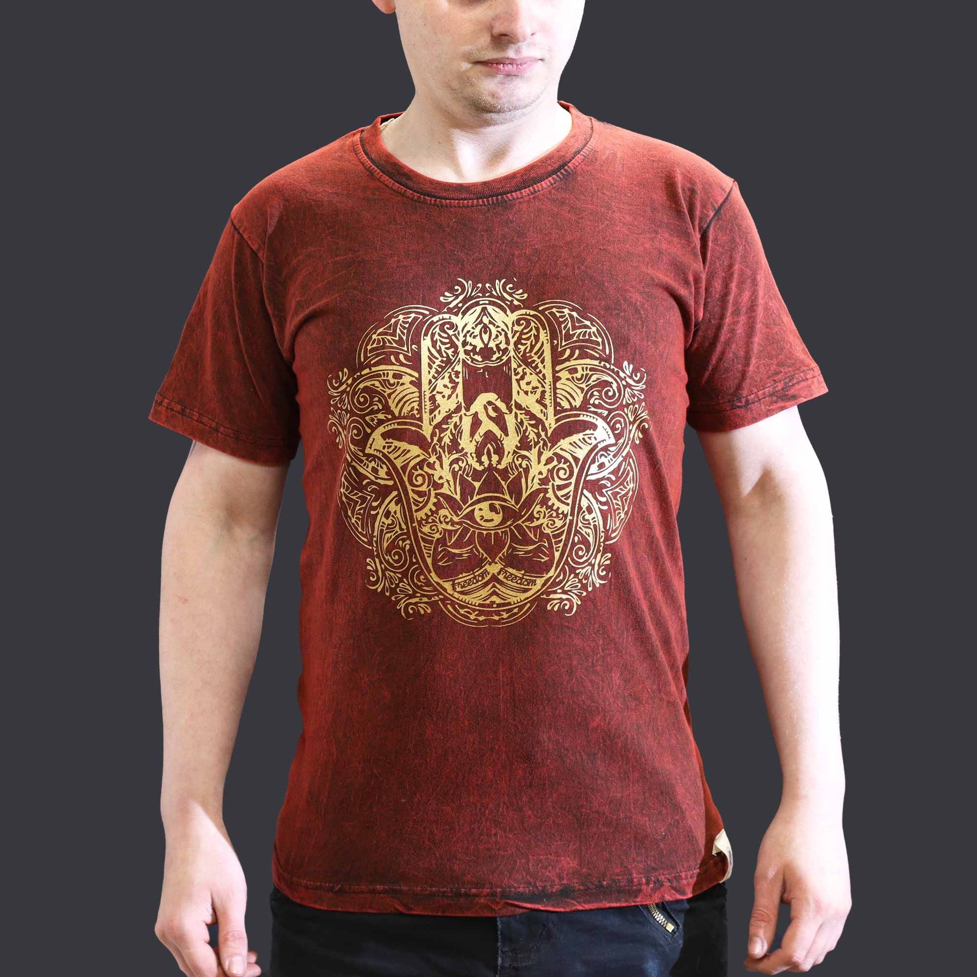 Nomad Sari Stonewashed Cotton T Shirt with Hamsa Design in Maroon
