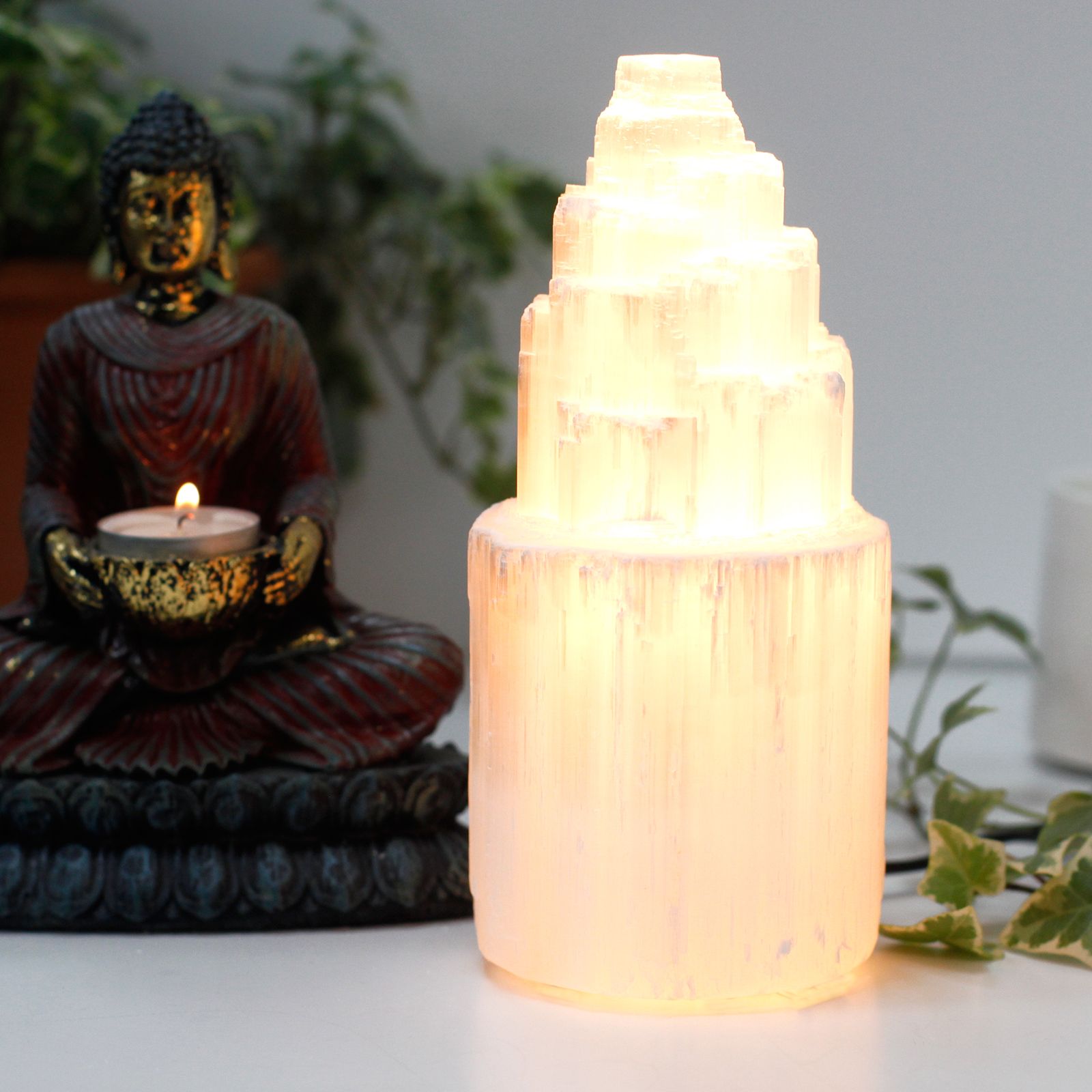 Natural Selenite Tower Lamp 20 cm with Light Fitting and Bulb