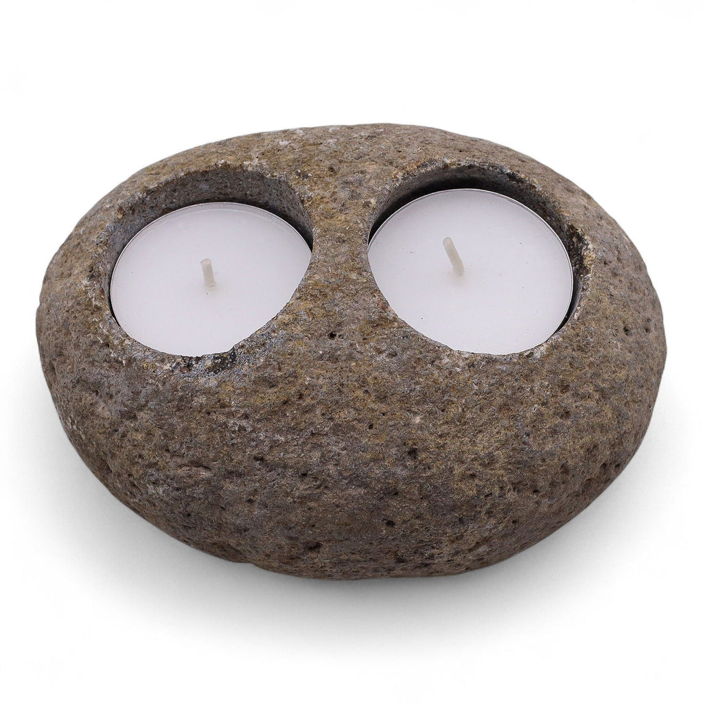 Natural Riverstone Candle Holder with Unique Double Nightlight Design