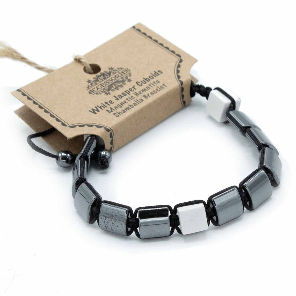 Magnetic Hematite Shamballa Bracelet with White Jasper Cuboids