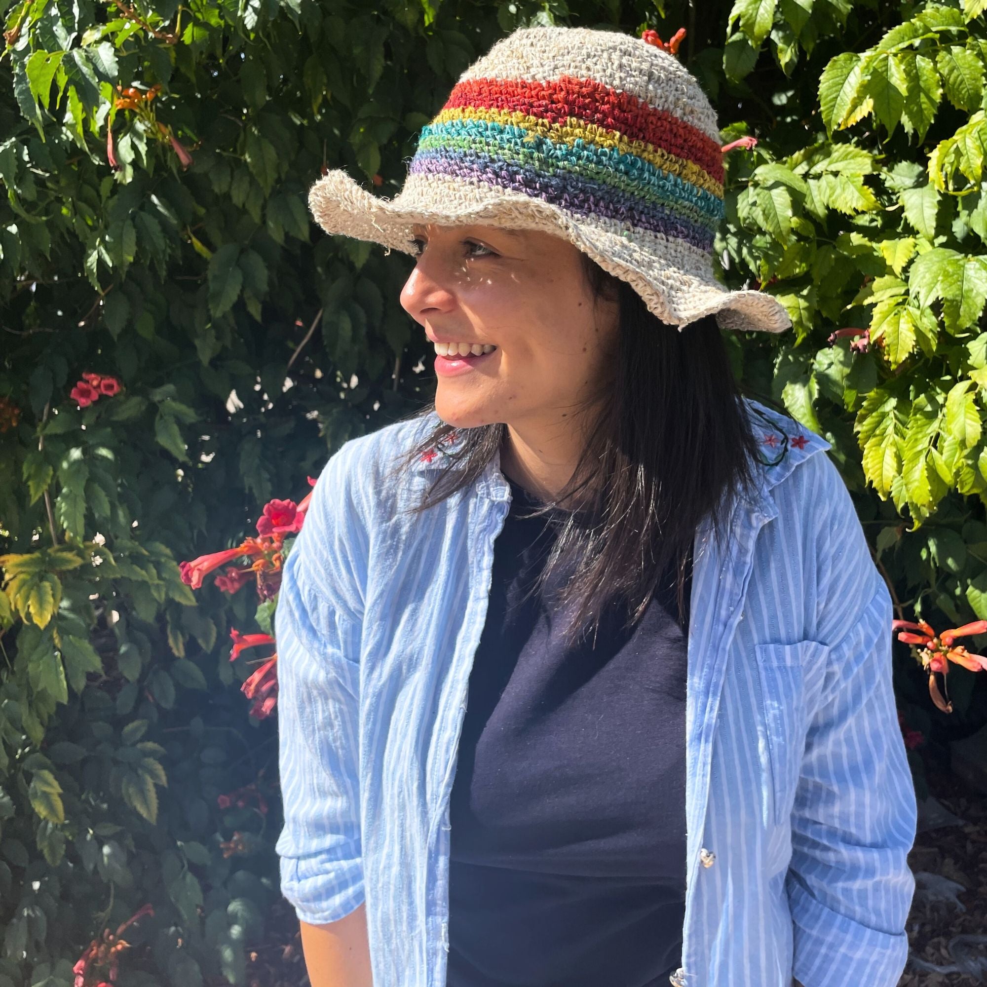 Hand Knited Hemp & Cotton Boho Festival Hat in Rainbow Design
