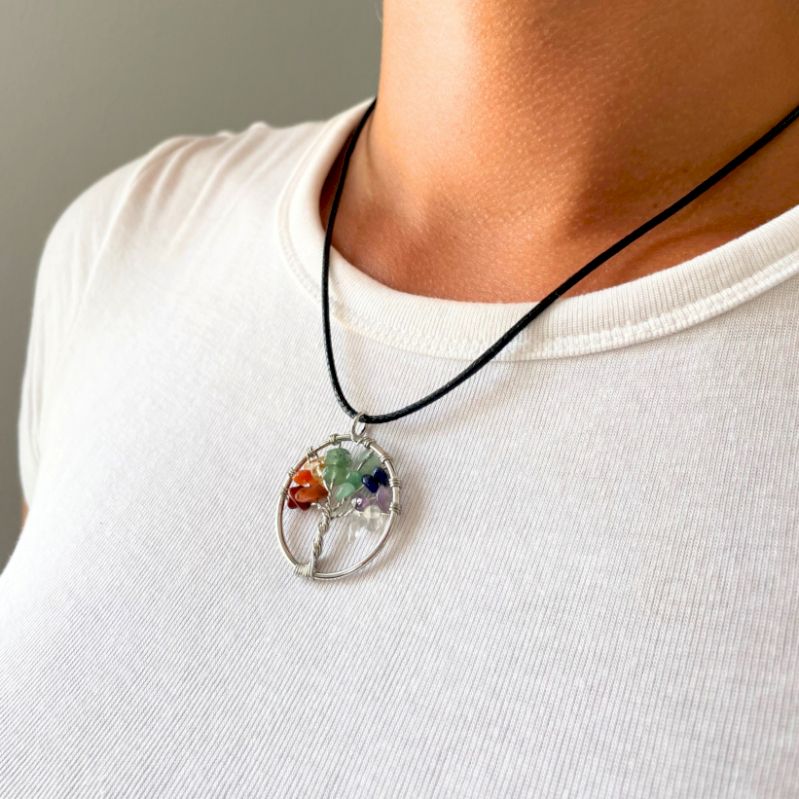 Tree of Life Pendant Chakra with Seven Vibrant Gemstones Design