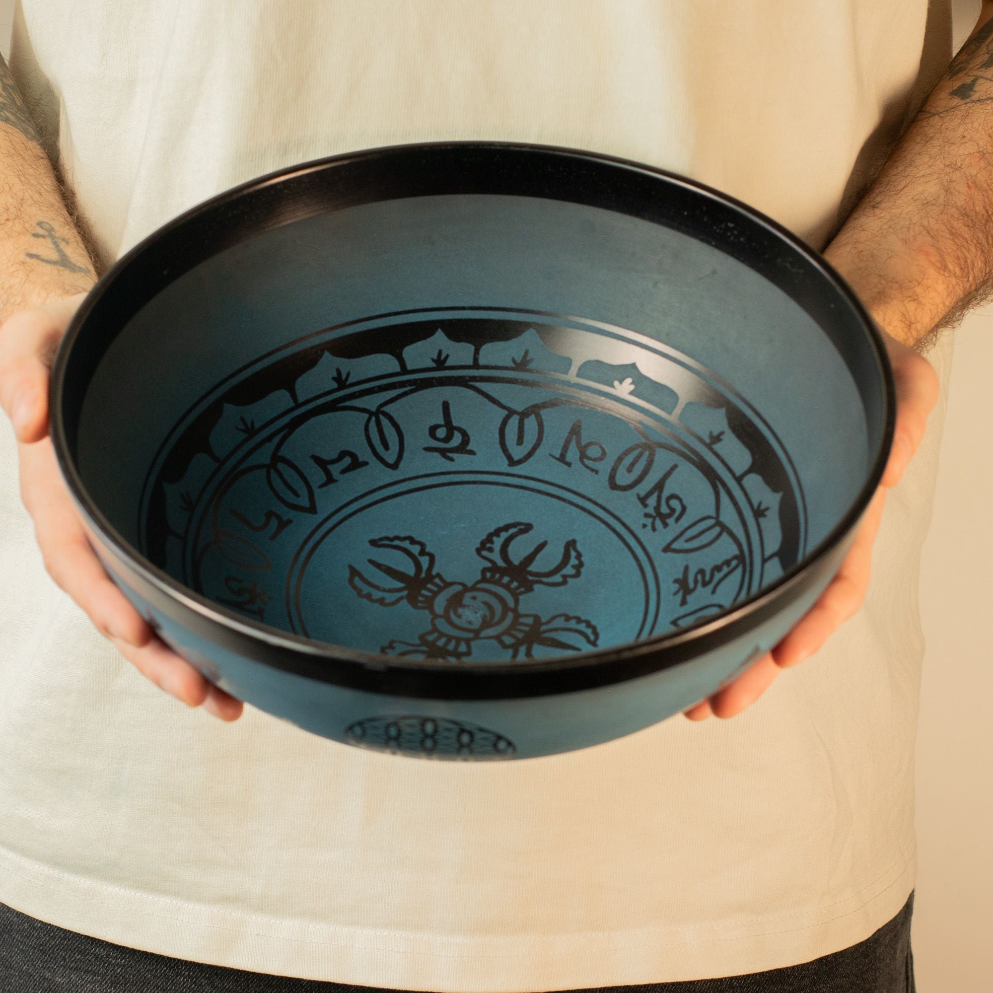 Large Aluminum Singing Bowl with Tibetan Double Dorje Design Blue