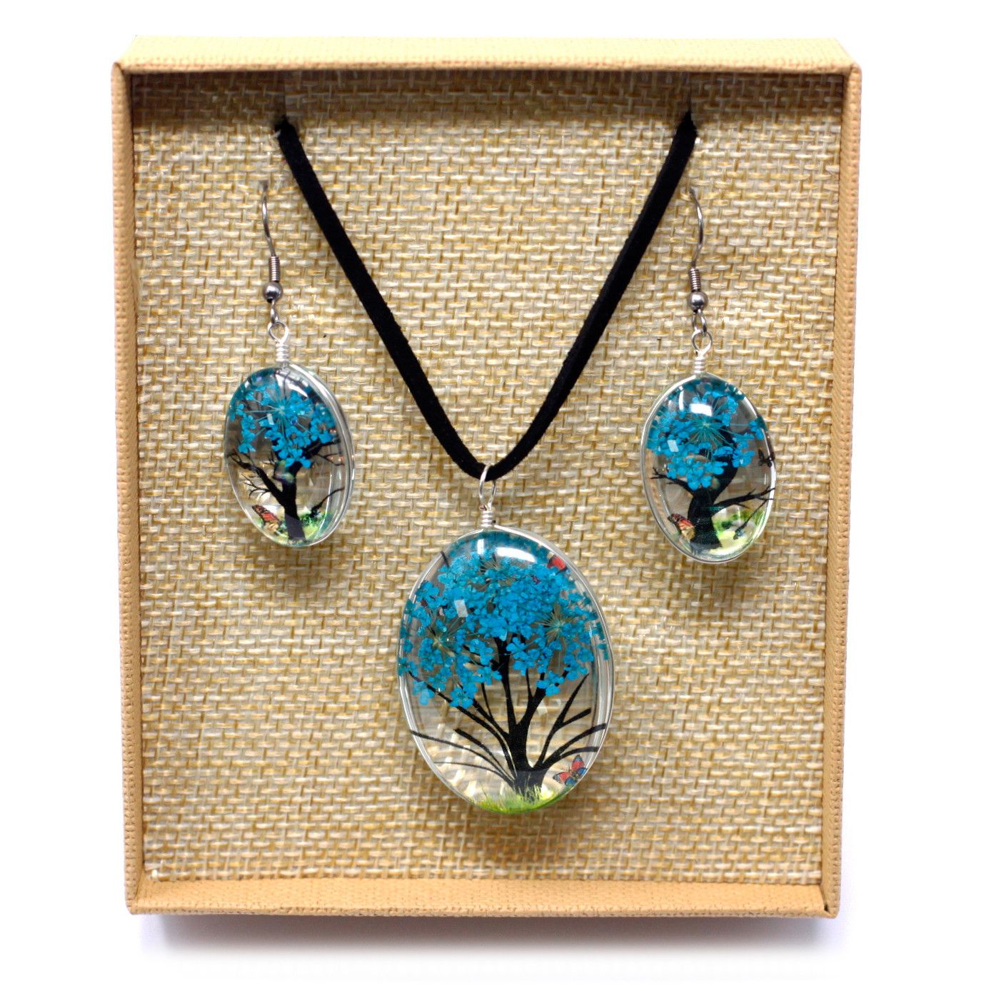 Pressed Flowers Tree of Life Set in Teal for Unique Nature Jewellery