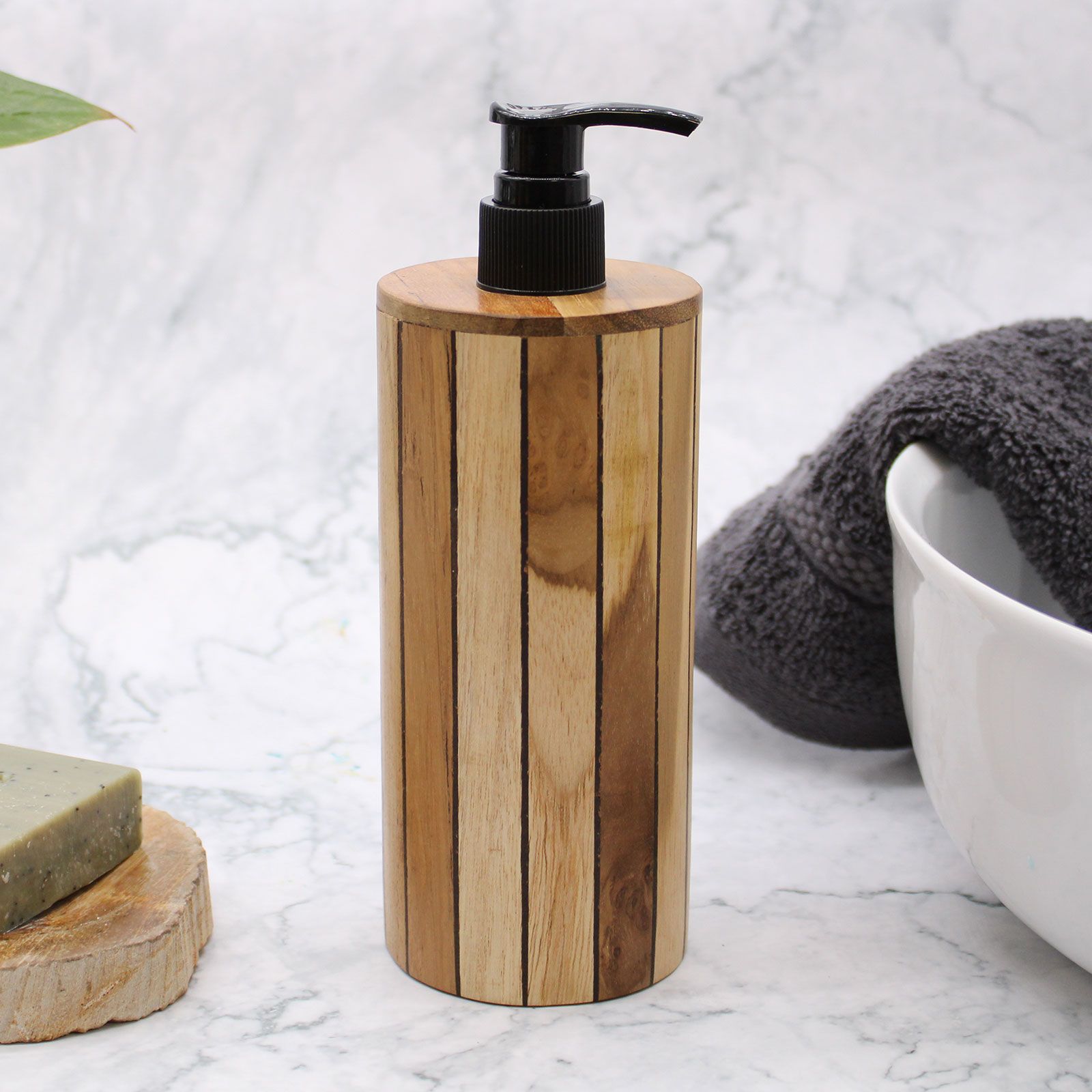 Natural Teakwood Round Soap Dispenser for Kitchen and Bathroom