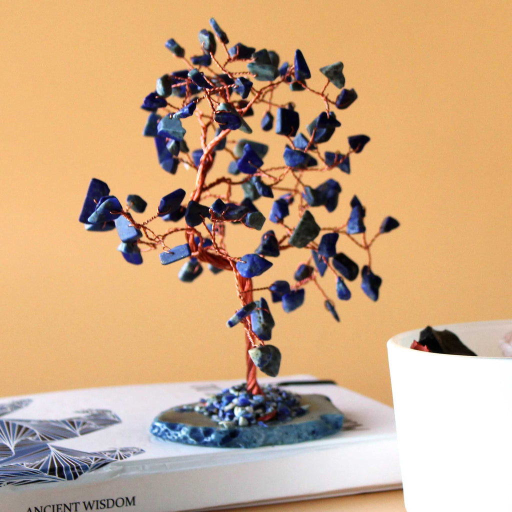 Large Sodalite Gemstone Tree on Blue Agate Base with 100 Stones