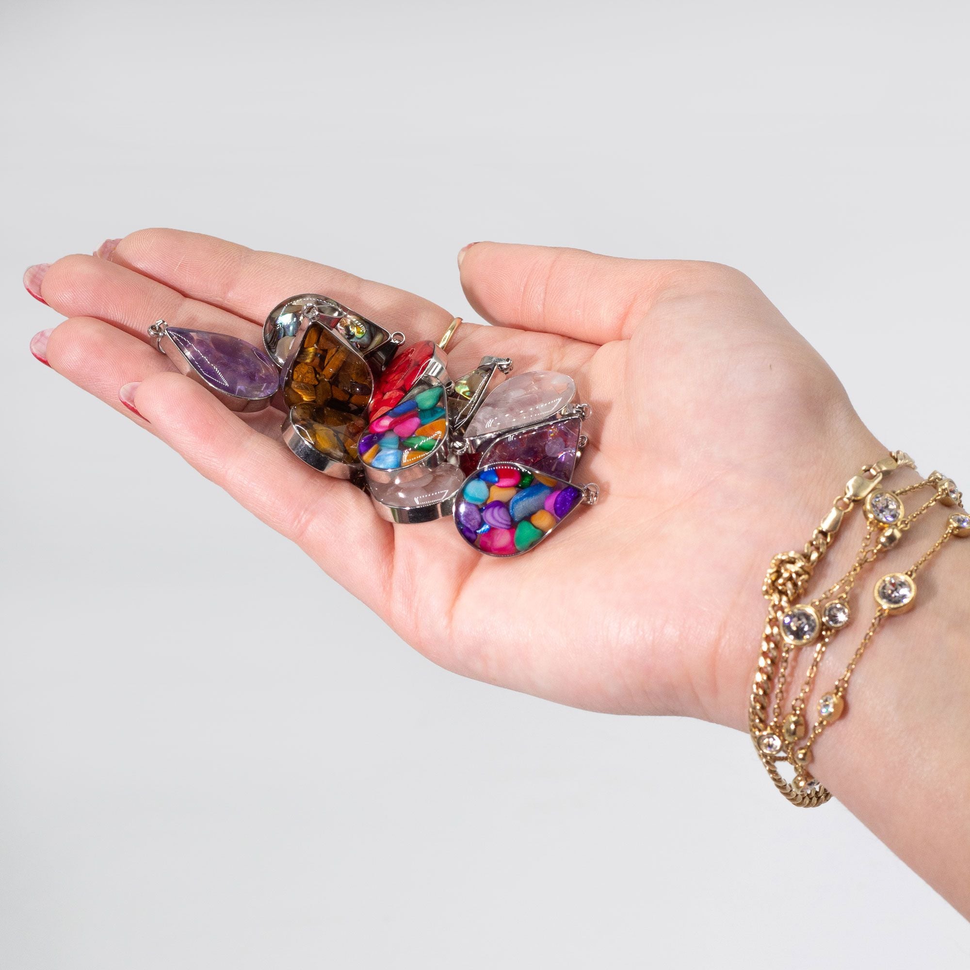 Steel Cased Pendant Teardrops with 12 Assorted Gemstone Chips