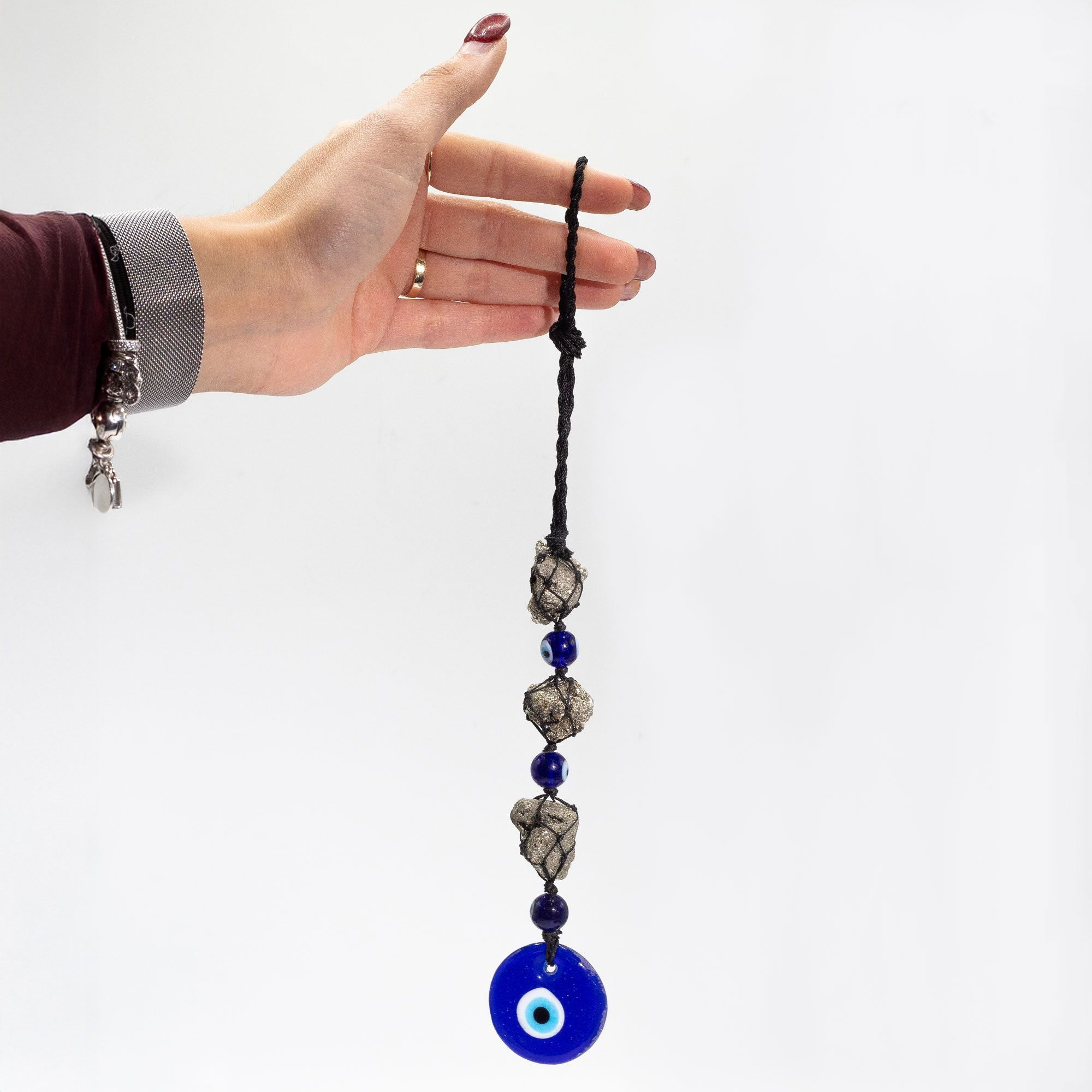 Hanging Stone Pendant with Pyrite Stones and Evil Eye Design
