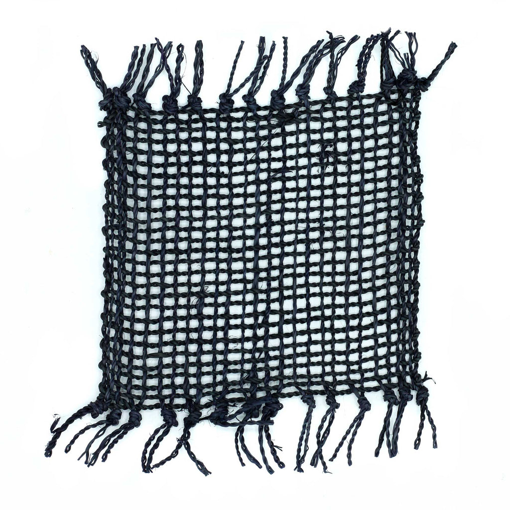Set of 4 Black Finish Seagrass Fringe Coasters for Home Decor