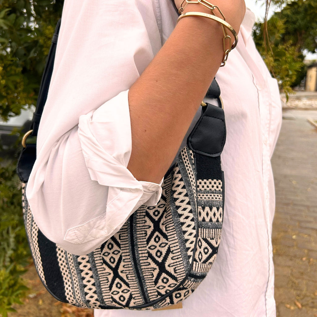 Jacquard Hobo Bag Grey Metro with Black Strap for Everyday Use