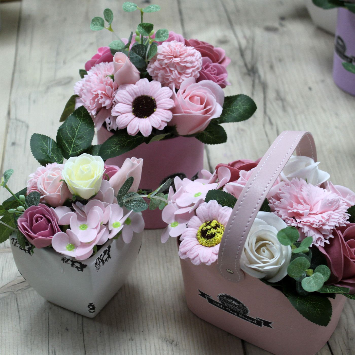 Petite Soap Flower Bouquet in Peaceful Pink Gift Basket
