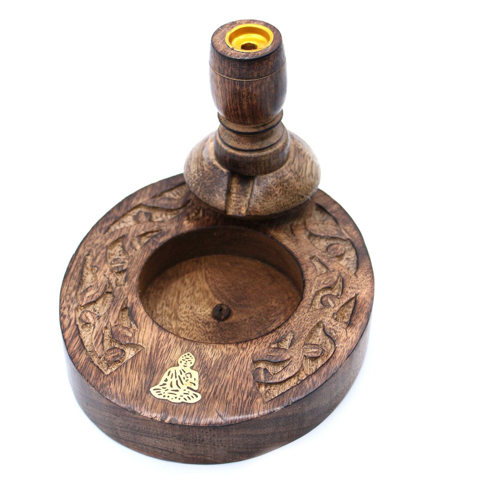 Mango Wood Backflow Burner with Brass Buddha Design for Decor