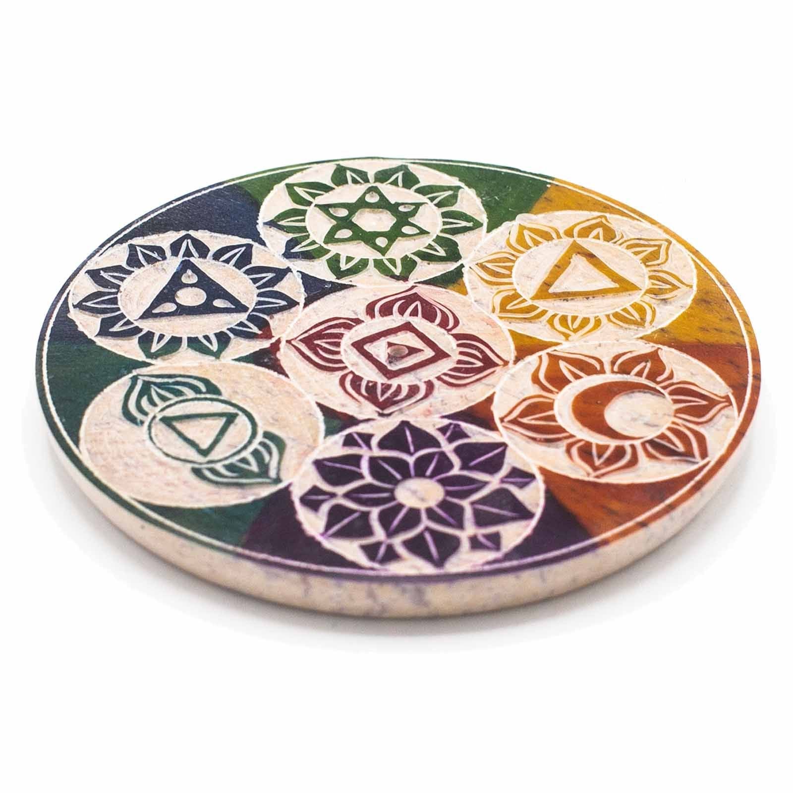 Soapstone Disc Incense Cone Holder 10cm with Seven Chakra Symbols