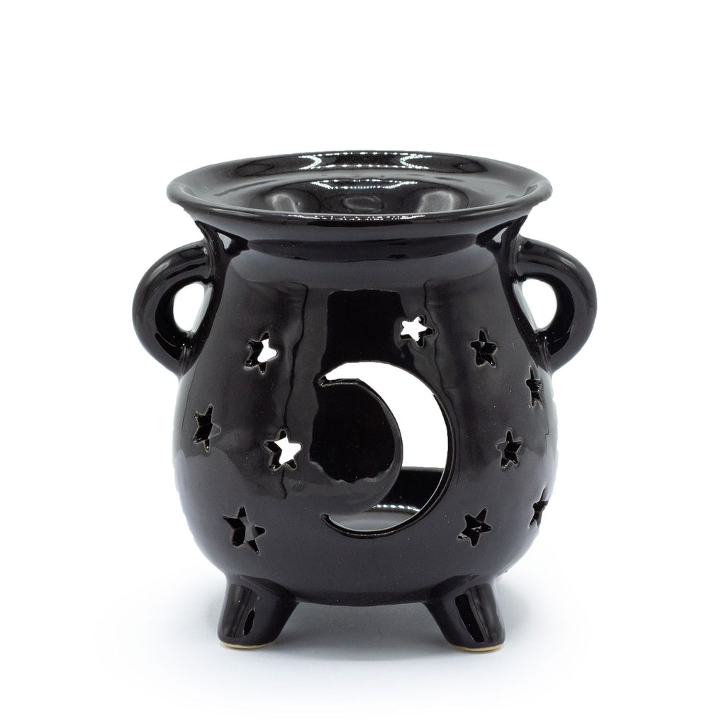Black Cauldron Oil Burner with Moon and Stars Design for Aromatherapy