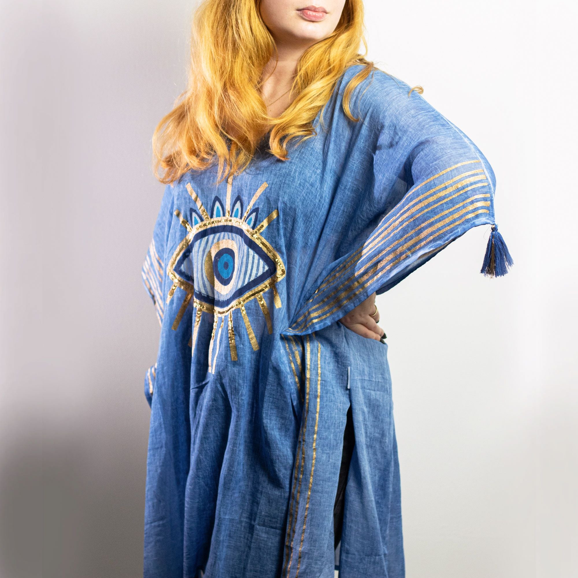 Nomad Sari Kaftan in Rich Blue and Gold Evil Eye Print Design