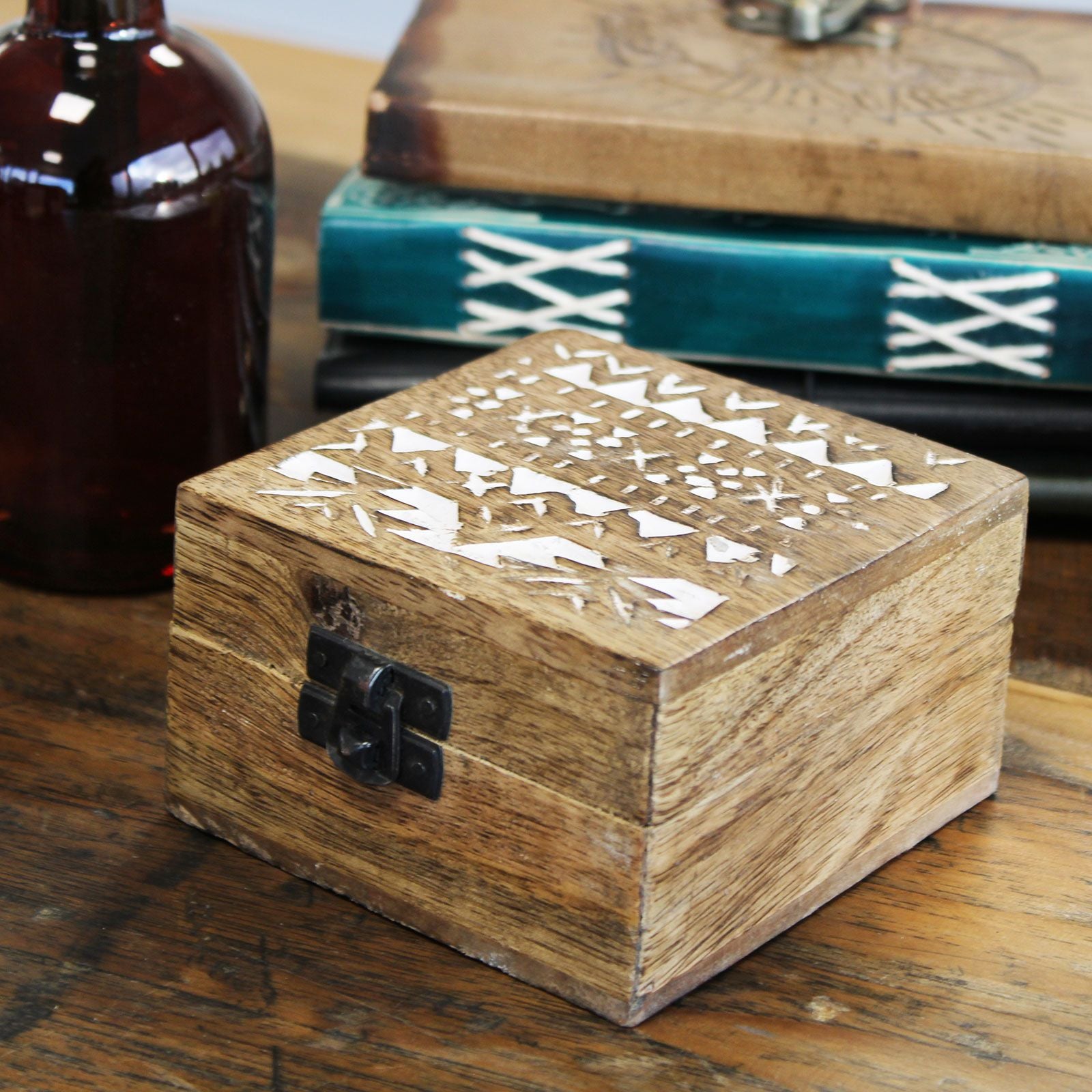 White Washed Wooden Box with Slavic Design for Stylish Storage