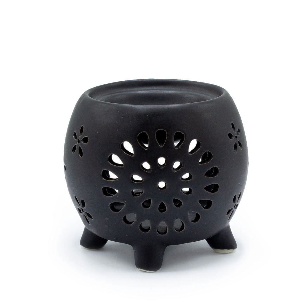 Squat Pot Oil Burner Flower Burst in Matt Black for Home Use