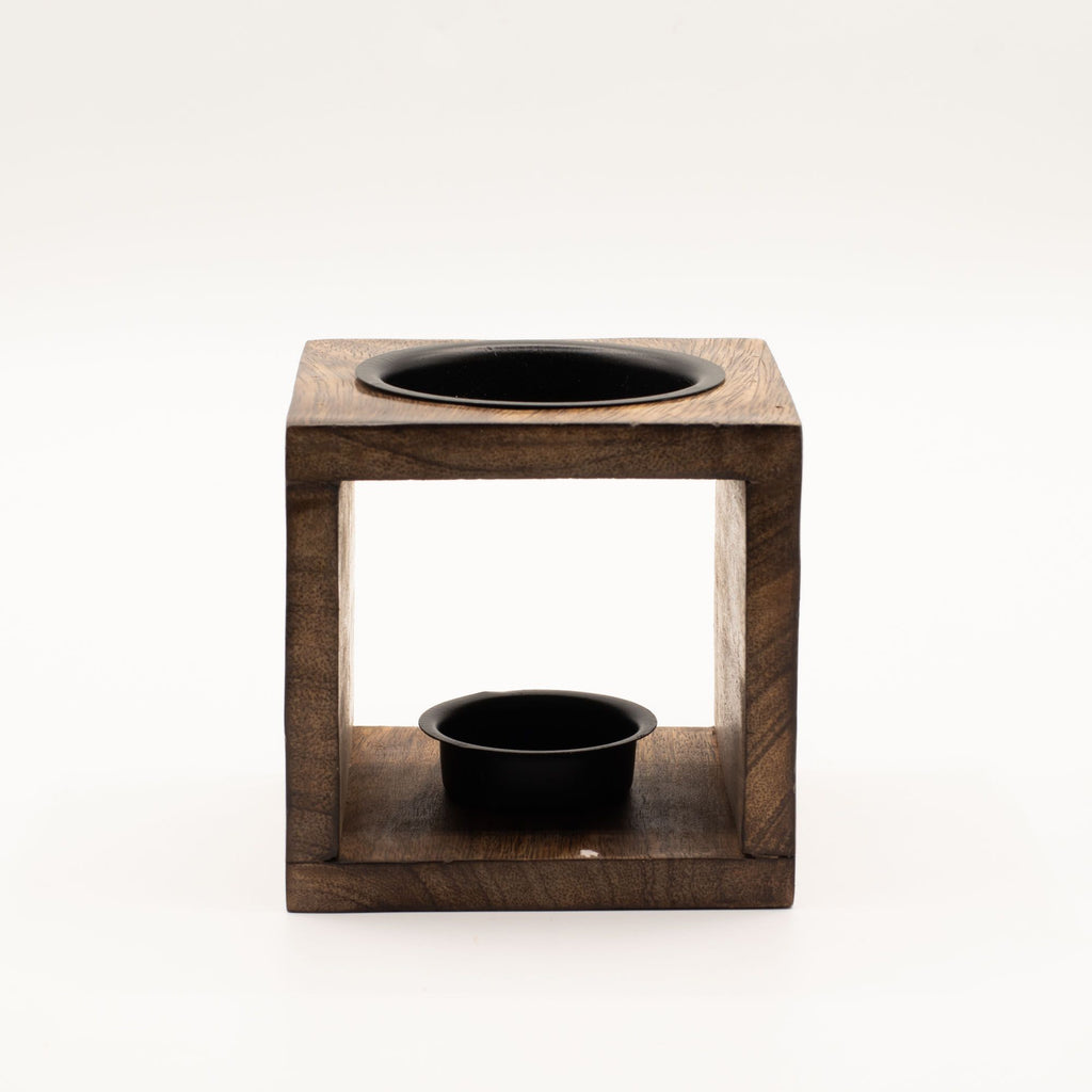 Square Mango Wood Oil Burner with Yin Yang Design for Aromatherapy