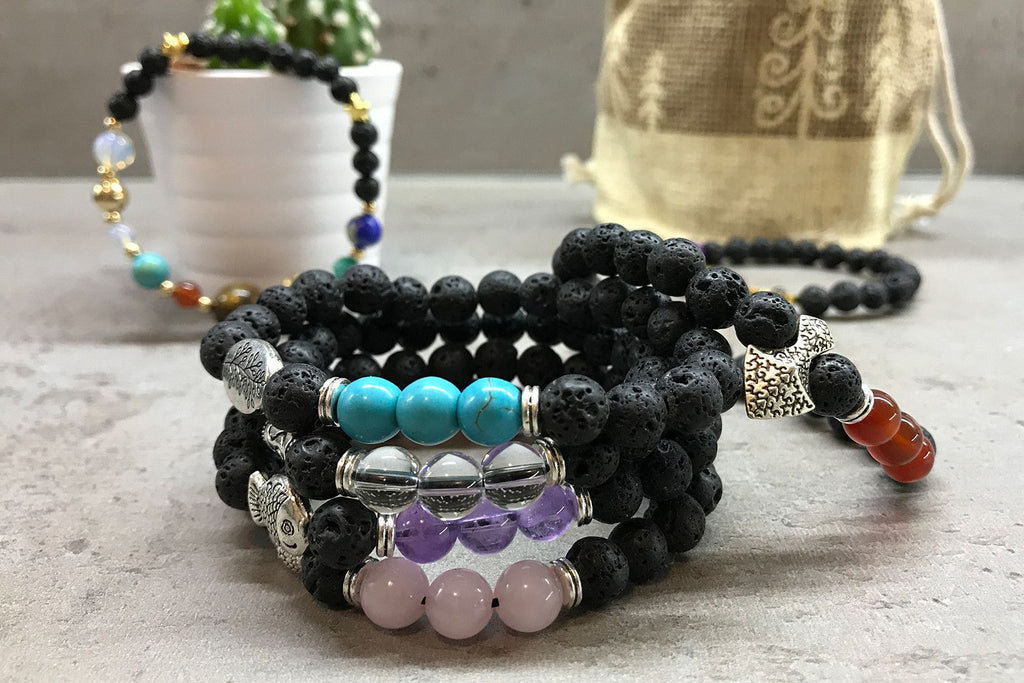 Lava Stone Bracelet with Hamsa and Tiger Eye for Aromatherapy