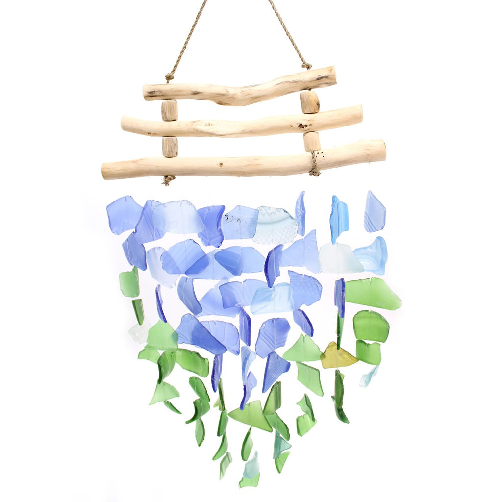 Three Stick Blue and Green Recycled Glass Wind Chimes
