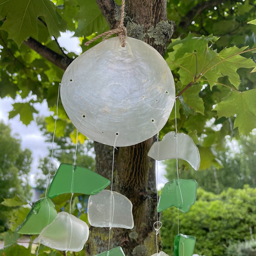 Recycled Glass Wind Chimes Copis & Glass Drop in Green & White