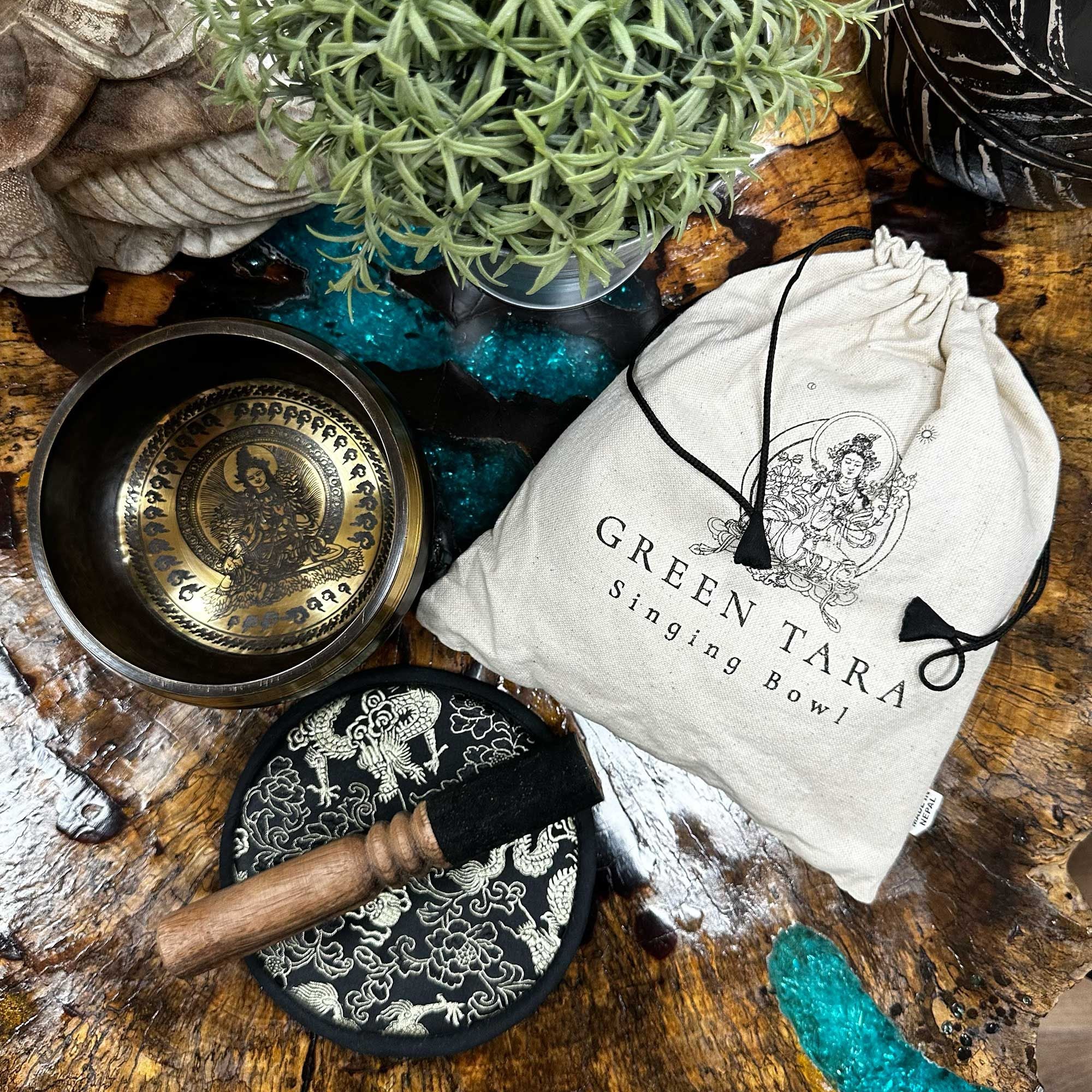 Hand Beaten Engraved Singing Bowl Gift Set with Green Tara Design