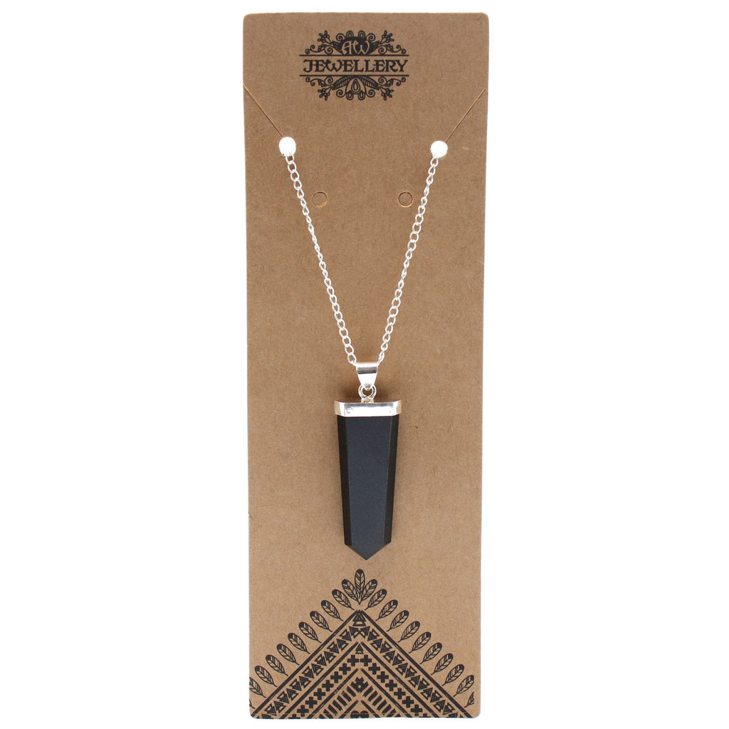 Gemstone Flat Pencil Pendant in Black Agate with Silver Chain